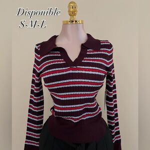 Striped Polo Collar Ribbed Sweater - Burgundy, Light Blue, Red